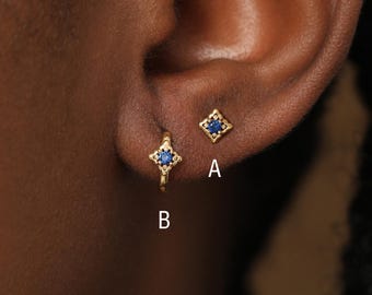 Sapphire CZ Flower Stud Hoop Set - Gold Plated Floral Piercing - Upper-lobe Helix Cartilage Clicker Jewelry - Birthstone Huggie Earring