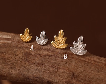 Sterling Silver Leaf Stud Earring - Threadless Push Pin Piercing - Natural Inspired Cartilage Helix Tragus Piercing - Minimalist Gift