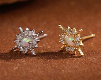 Opaal ster oorknop - witte zirkonia bloemen vlinder achterkant oorbel - sterlingzilver celestial piercing - vergulde hypoallergene sieraden