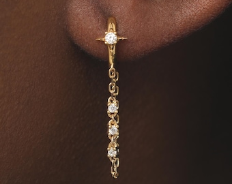 Star Dangle Diamond Earring - Sparkle Drop CZ Hoop- Earlobe Clicker Piercing - Celestial Silver Elegant Jewelry - North Star Hoop Ring