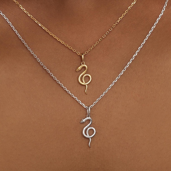 Minimalist Snake Necklace - Sterling Silver Serpent Layering Pendant - Gold Plated Gender Neutral Jewelry - Everyday Symbolic Charm