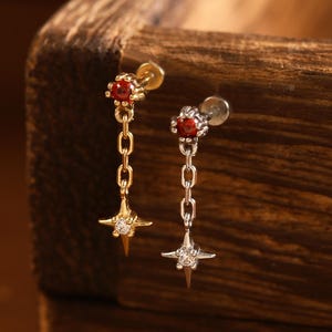 Pode incluir: Dois brincos de pino com uma pequena pedra vermelha no topo, uma corrente curta e delicada e um pingente de estrela de quatro pontas com uma minúscula pedra clara no centro. Um brinco é dourado e o outro é prateado.