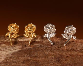 Rose Flat Back Earring - Sterling Silver Flower Cartilage Stud - Tiny Floral Helix Piercing - Threadless Pin Earring - Gold Plated Jewelry