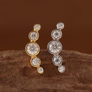 Dainty Moissanite Curved Cluster Stud - Sterling Silver Threaded Pin Earrings - Screw Flat Back Ear Climber - Helix Cartilage Lobe Piercing
