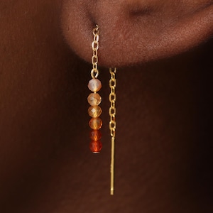 Colourful Natural Agate Threader Earrings - Sterling Silver Ear Wire Jewelry - Dangle Lobe Helix Long Chain - Bohemian Everyday Piercing