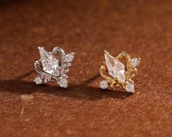 Sterling Silver Flower Flat Back Stud - Kite Shaped CZ Helix Tragus Cartilage Piercing - Threadless Push Pin - Hypoallergenic Nap Earring