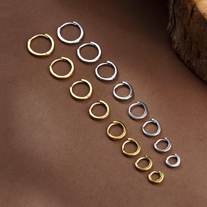 May include: A collection of small circular hoop earrings arranged in two parallel rows. One row consists of gold-toned metal hoops, while the other row features silver-toned metal hoops. The earrings vary in size, decreasing from larger to smaller.