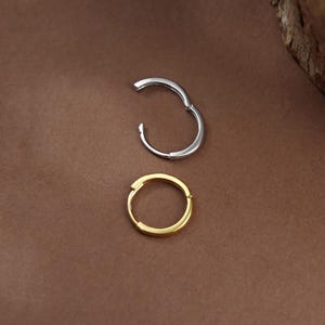 May include: Two small hoop earrings, one in a polished silver tone and one in a polished gold tone. Each earring features a hinged closure mechanism, allowing the hoop to open and close securely. The earrings are circular in shape and smooth.