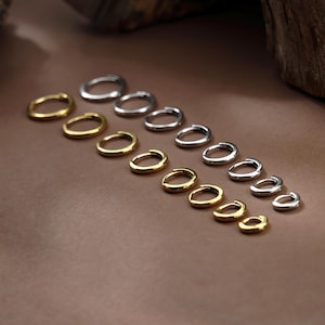 May include: A collection of small, circular hoop earrings arranged in two parallel rows. One row features gold-toned metal hoops, while the other row consists of silver-toned metal hoops. The earrings vary in size, decreasing in diameter.