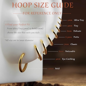 May include: A gold hoop size guide featuring a white ear model displaying various hoop earring sizes ranging from 4mm to 10mm in inner diameter. Text includes HOOP SIZE GUIDE, FOR REFERENCE ONLY, Find your Perfect Fit, and size labels.