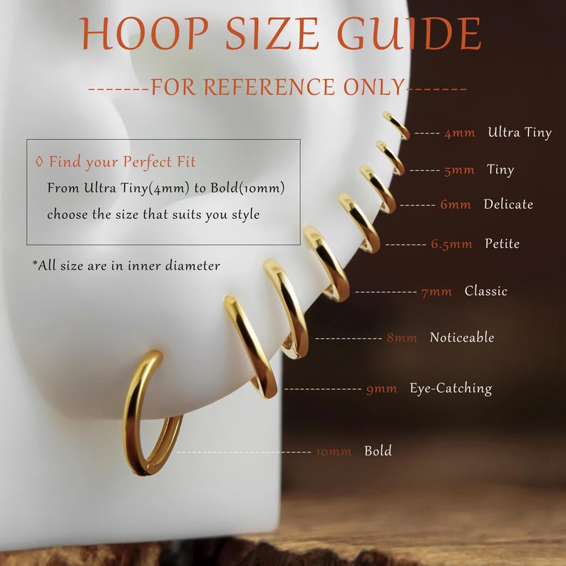 May include: A gold hoop size guide featuring a white ear model displaying various hoop earring sizes ranging from 4mm to 10mm in inner diameter. Text includes HOOP SIZE GUIDE, FOR REFERENCE ONLY, Find your Perfect Fit, and size labels.