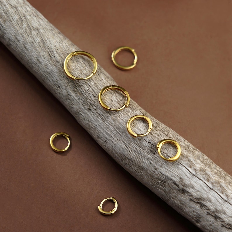 May include: A collection of seven small, polished gold hoop earrings. Four of the circular hoops are arranged in a line along a piece of weathered, light-colored driftwood, while three additional hoops are positioned separately nearby.