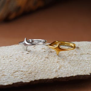 May include: Two hoop rings, one in a silver tone and one in a gold tone, each featuring a prominent four-pointed star design on the front. The rings are circular with a smooth, polished finish, showcasing a distinct star-shaped focal point.