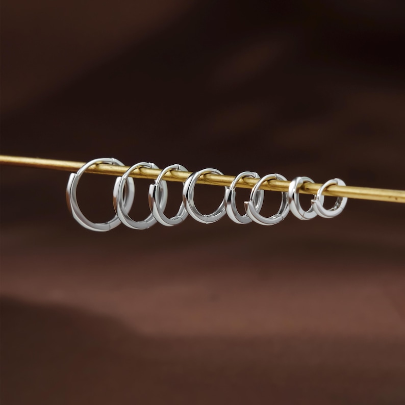 May include: A row of eight silver-toned hoop earrings of varying sizes, arranged in descending order from largest to smallest. Each circular earring features a smooth, polished finish and a hinged closure mechanism, all suspended on a thin gold-toned rod.