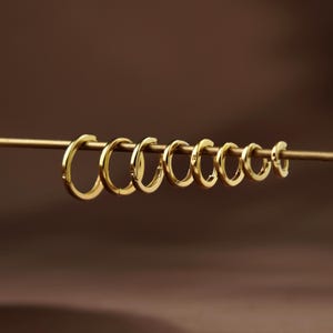 May include: A row of eight polished gold hoop earrings of varying sizes, arranged in a line from largest to smallest on a thin horizontal gold rod. Each hoop features a smooth, circular design with a hinged closure mechanism visible on the side.