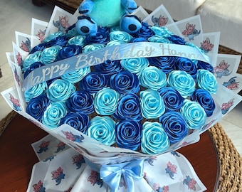 Stitch Themed Rose Bouquet | Blue Eternal Ribbon Flowers | Disney Gift