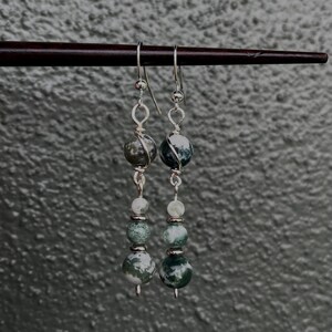 tree moss agate dangle drop earrings, silver wrapped, long agate earrings