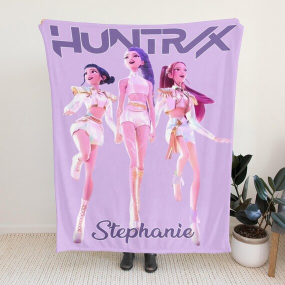 Custom Demon Hunter Blanket, Personalized Name Anime Girls Throw, Kpop Demon Hunters, Gift for Huntrix Fans, Pink Purple Huntrix Blanket
