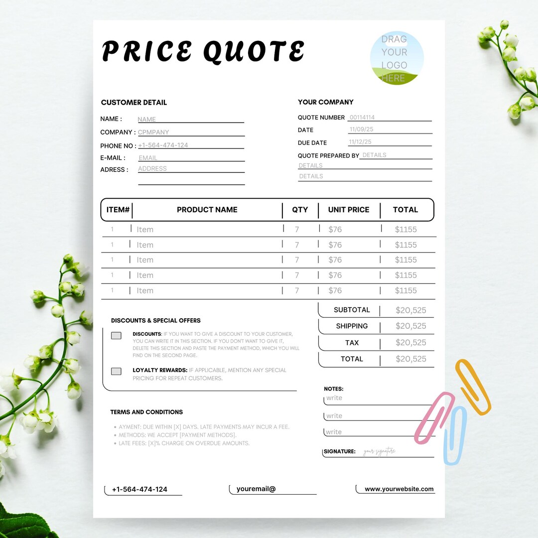 Editable Price Quote Template, Customizable Invoice (canva, PDF) - Etsy