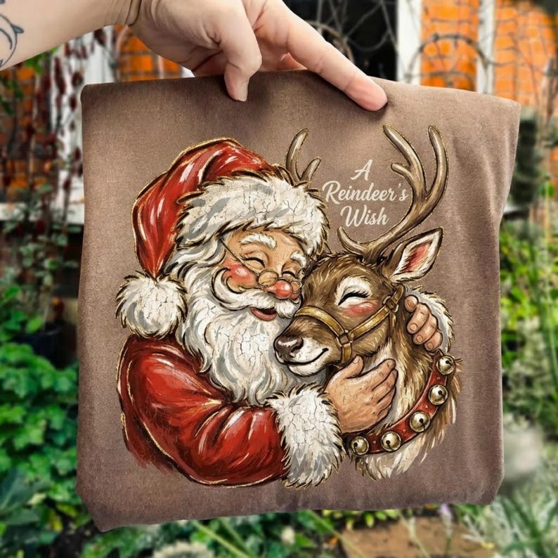 Sweet Santa Hugging Reindeer PNG | Vintage Christmas Sublimation Design ...