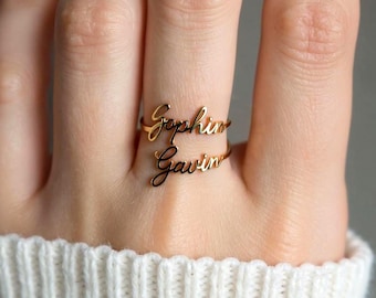 Personalized Double Name Ring,Custom Two Names Couple Ring,Kids Name Stackable Ring For Mom,Anniversary Gift For Women,Birthday Gift For Her