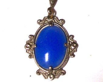 Free ShiPPing-Art DECO Era Sterling CZECH Glass Necklace w/Blue Chalcedon Glass-Y Drop--c1920s