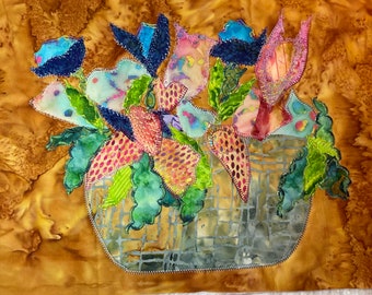 Wicker basket floral fabric collage