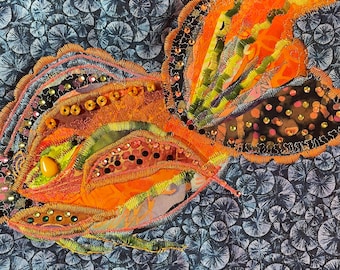 Beaded Fabric Fish Collage, Embroidered Quilted Wall Hanging