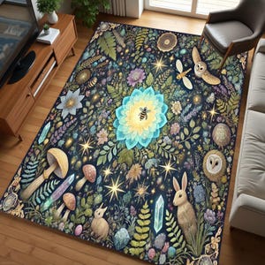 Forest Pattern Rug Bee Rug,Rabbit Rug , Mushroom Rug, Cottagecore Rug, Boho Honey Bee Rug For Aesthetic Home Decor, Vintage Bee Decor