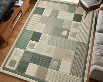 Aesthetic Rug, Green And Cream Rug, Earthy Toned Rug, Beige Geometric Rug, Beige Living Room Rug, Contemporary Home Decor, Washable Area Rug