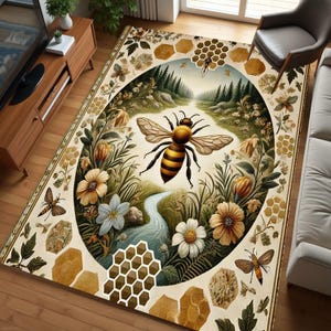 Bee Rug With Honeycomb Border, Whimsical Rug For Bee Decor, Cottagecore Rug, Boho Honey Bee Rug For Aesthetic Home Decor, Vintage Bee Decor