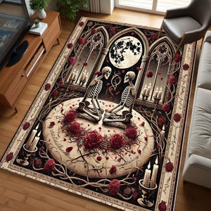 Skeleton Rug, Rainbow Goth Decor, Gothic Rose Rug, Floral Dark Gothic Rug, For Grunge Room Decor, Skeleton Home Decor, Washable Rug