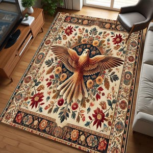 Cottagecore Rug With Hummingbird Art For Rustic Home Decor, Old Bird Pattern Rug , Bird Rug, Hummingbird Decor, Pink Floral Printed Rug