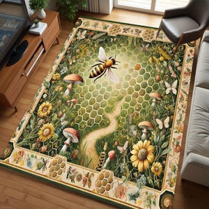 Bee Rug With Honeycomb Border, Whimsical Rug For Bee Decor, Cottagecore Rug, Boho Honey Bee Rug For Aesthetic Home Decor, Vintage Bee Decor