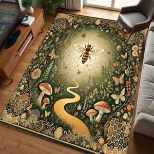 Bee Rug With Honeycomb Border, Whimsical Rug For Bee Decor, Cottagecore Rug, Boho Honey Bee Rug For Aesthetic Home Decor, Vintage Bee Decor
