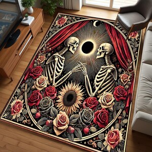 Skeleton Rug, Rainbow Goth Decor, Gothic Rose Rug, Floral Dark Gothic Rug, For Grunge Room Decor, Skeleton Home Decor, Washable Rug