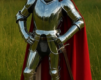 Medieval Full Plate Knight Armor Suit – Polished Steel Wearable Armor with Red Cape | LARP, Cosplay, Renaissance Costume