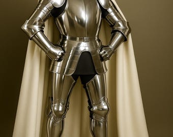 Medieval Full Plate Knight Armor Suit – Polished Steel Gothic Armor with Cape – Wearable LARP Cosplay Costume / Display Armor
