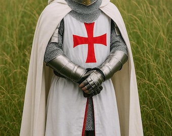 Templar Medieval Knights Armor Costume – Crusader Full Outfit with Red Cross Cloak Helloween Gift