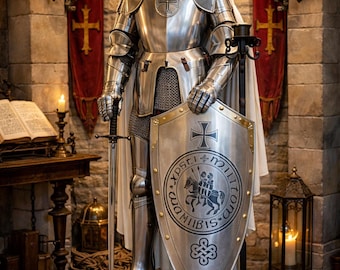 Medieval Knight Armor Set & Templar Shield – Full Suit of Armor Display – Crusader Knight Replica – Medieval Decor / Collectible