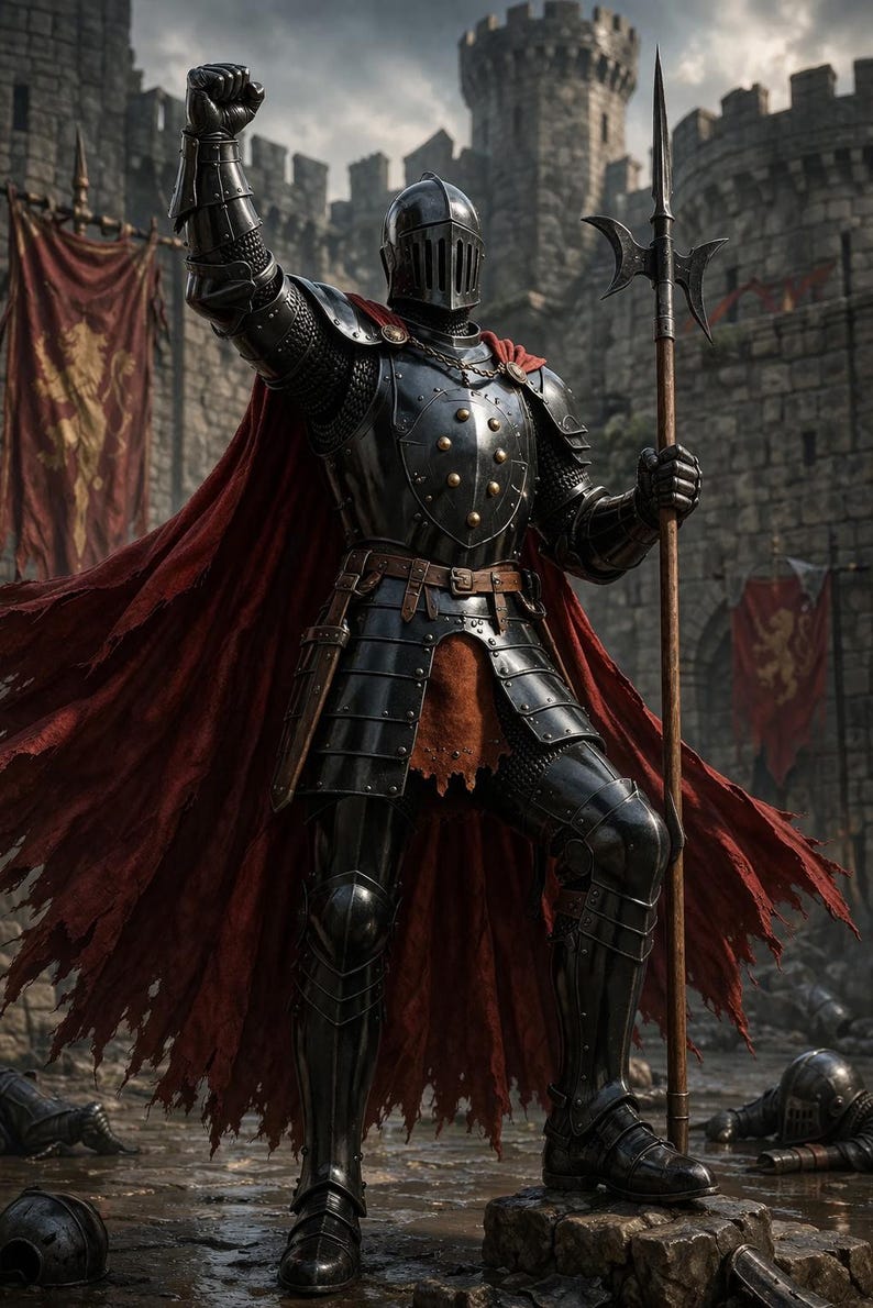 Medieval Black Knight Armor With Red Cape & Halberd – Full Plate Steel ...