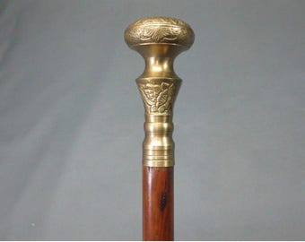 Vintage Antique Walking Cane | Wooden Walking Stick Brass Handle Knob Gift.