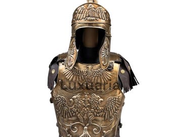 Corazza medievale in ottone con aquila, corazza romana, rievocazione storica, pettorale in ottone calibro 18 e elmo