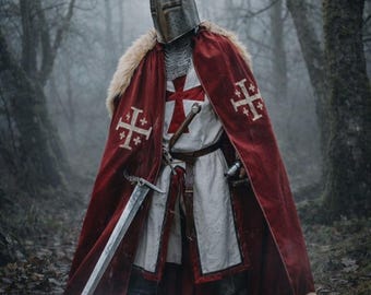Medieval Knight Full Plate Armor Costume | Crusader Red Cross Cloak, LARP Cosplay
