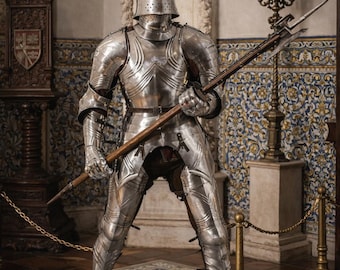 Medieval Full Plate Knight Armor with Halberd – Gothic Steel Suit of Armor – Wearable LARP / Cosplay / Display