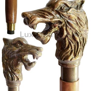 Antique Wolf Head with Wooden Cane Antiqued Aluminium Handle for Multiple Purpose - Men & Women