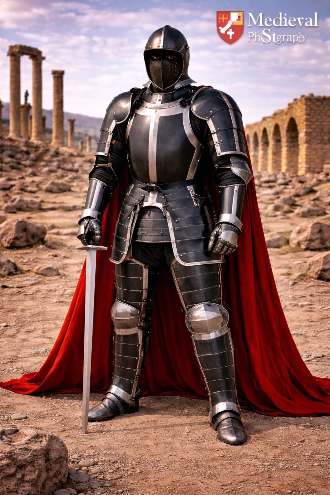 Black Medieval Full Plate Armor Suit With Red Cape – Knight Costume ...