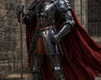 Medieval Black Knight Armor with Red Cape & Halberd – Full Plate Steel Suit | Gothic LARP Cosplay Costume