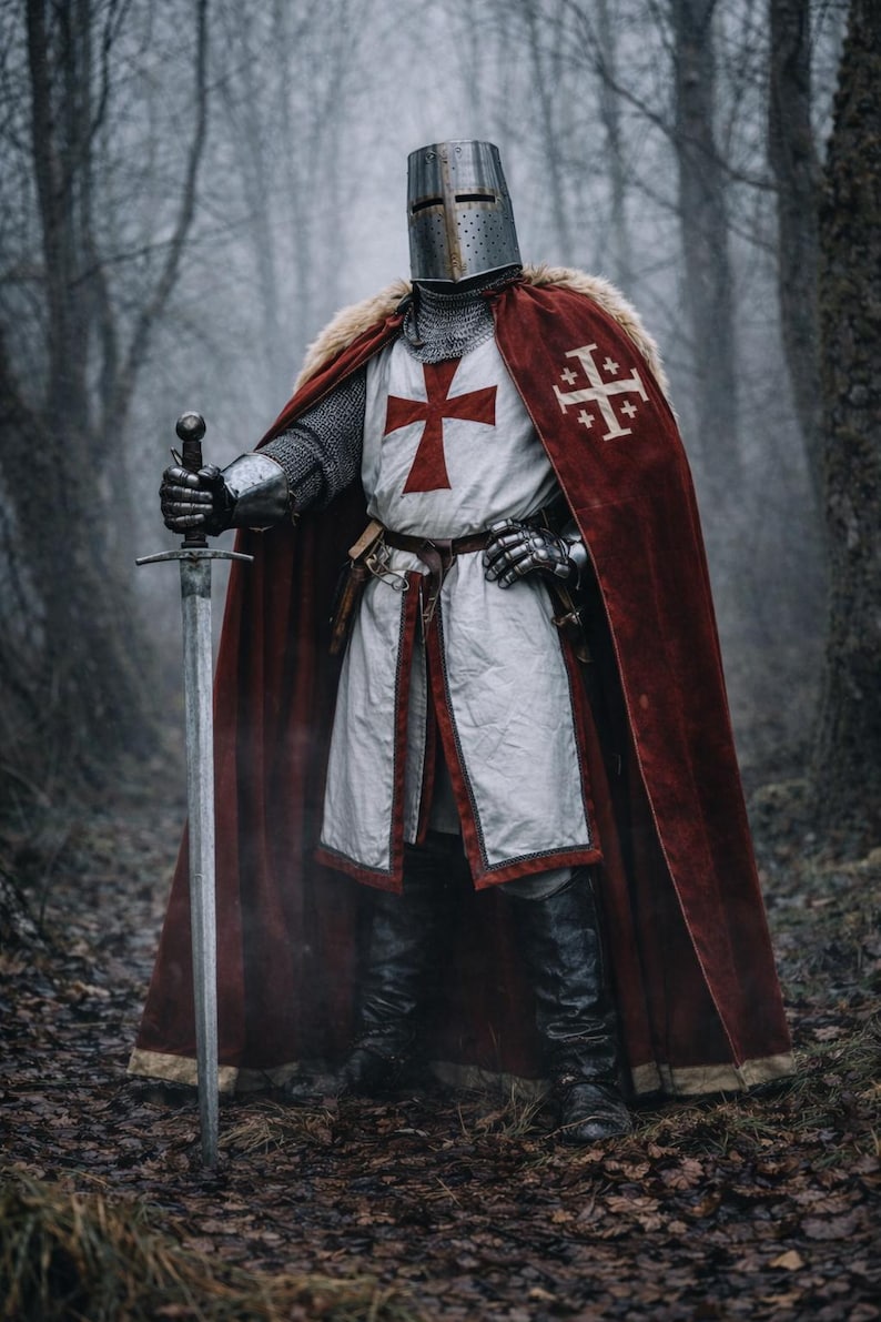 Medieval Knight Full Plate Armor Costume | Crusader Red Cross Cloak ...