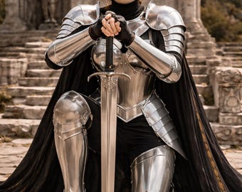 Female Knight Lady Armor Suit – Polished Silver Steel Full Body Armor – Fantasy Warrior  LARP - Halloween Cosplay Costume